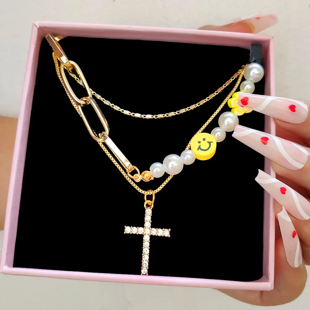 

Handmade Pearls Smiley Cross Beaded Necklace For Women Jewelry Gift Wholesale Asymmetric Bead Choker Layered Pearl Necklaces New