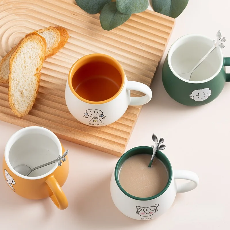 

Creative European Cartoon Mug Household Ceramic Mug with Spoon Coffee Cup Office Water Cup Personalized Couple Mug Reusable Mug