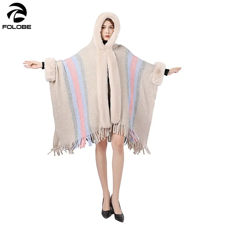 FOLOBE White Peach Fragrance Sweet Striped Fur Collar Hooded Fringed Knitted Cardigan Women Shawl Cloak Ponchos and Capes