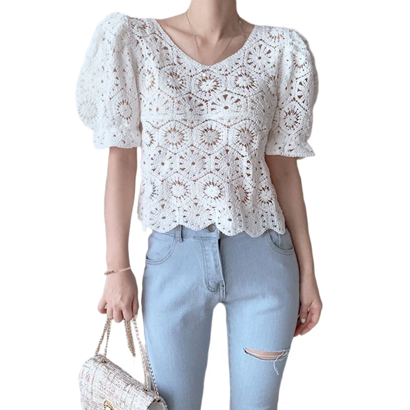 Женский ажурный топ с круглым вырезом однотонная хлопковая трикотажная рубашка