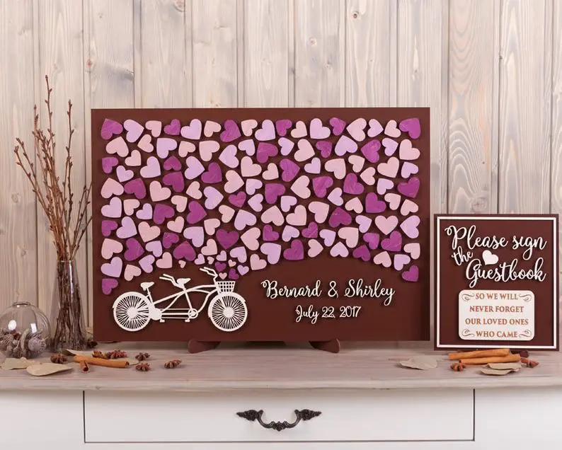 Свадебная Гостевая книга альтернативный тандем велосипед 3d фиолетовые сердца