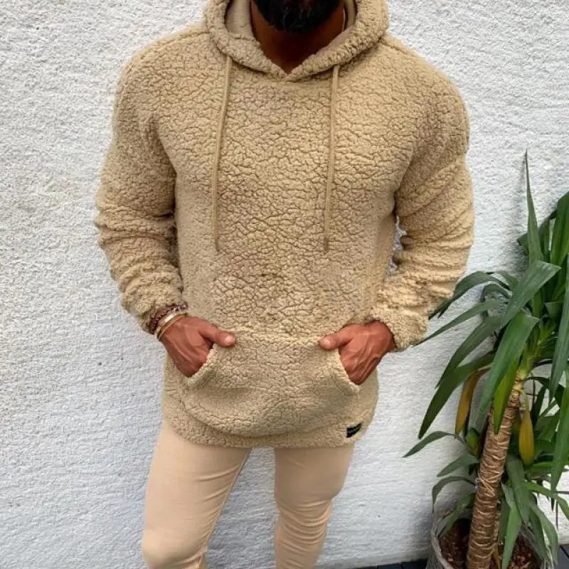 

Zuolunouba 2020 Autumn And Winter New Plus Velvet Thick Pocket Men Hoodie Lamb Plush Solid Color Warm Casual Slim Man Sweatshirt