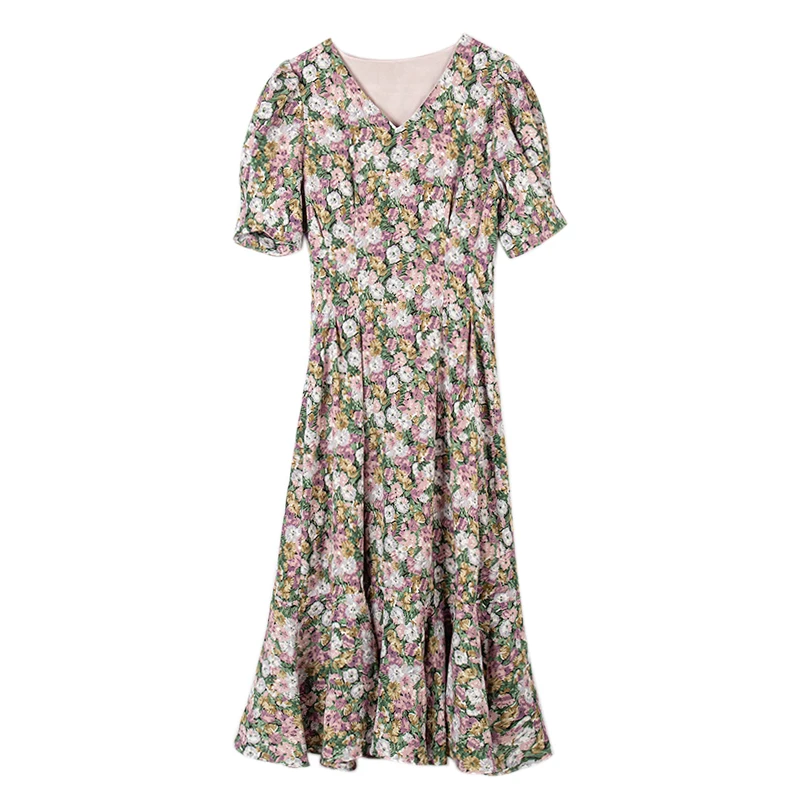 

Floral-Print Chiffon Dress Women's 2021 Summer New French Retro Was Thin Waist Platycodon Grandiflorum Long Skirt Fairy