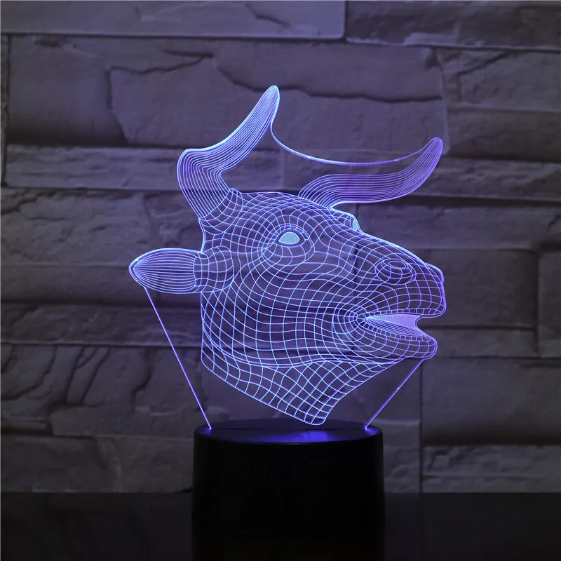 2019 Новинка 3D ночной Светильник бык мультяшная голова крупного рогатого скота