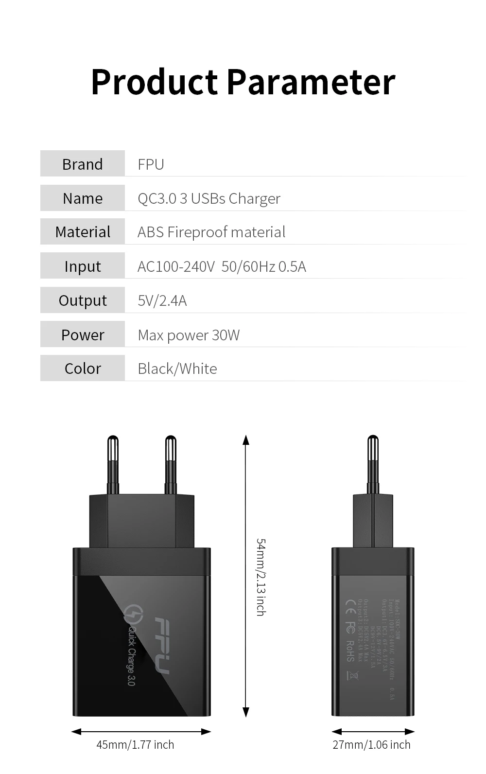 FPU 3 Port USB Charger 30W Quick Charge 3.0 2.0 Mobile Phone Charger for iPhone EU QC3.0 Fast Charger for Huawei Samsung S9+ S10