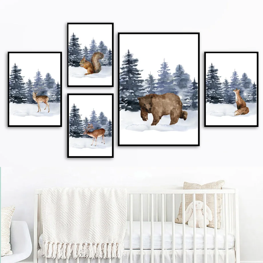 Настенная картина с изображением снежного леса оленя медведя белка лиса постеры