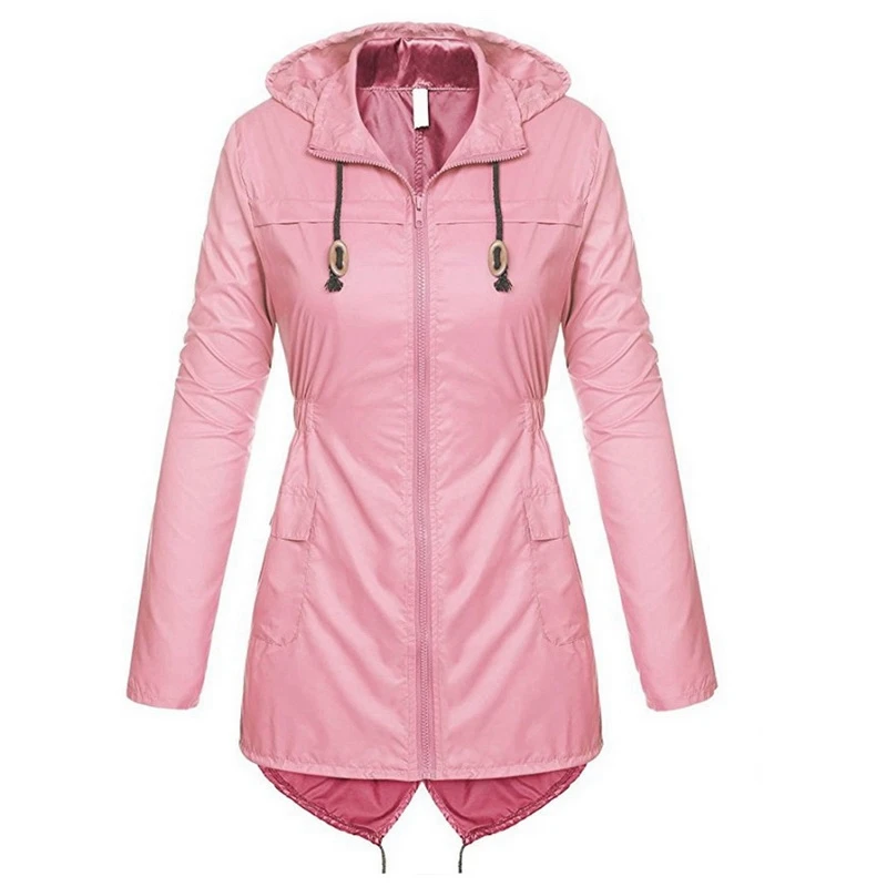 

Solid Women Waterproof Windbreaker Hooded Slim Zipper Hoodies Windproof Jacket Plus Size Outdoor Camping Hiking Raincoat