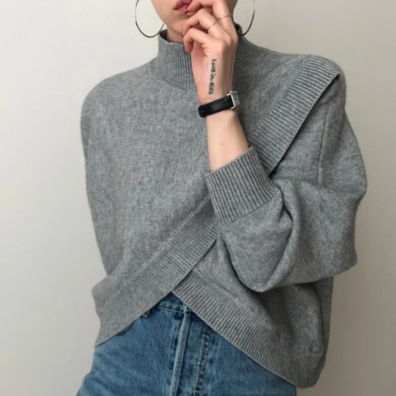 

Knitted Sweater Korean Chic Design Half High Neck Cross Irregular Loose Color Pullover Long Sleeve Knitted Sweater Women