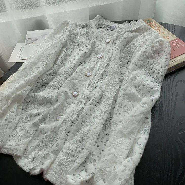 

Lace Bottoming Shirt Women's 2021 Western Style Autumn and Spring Korean Blouse with Half-Collar Hollow Princess Style Top