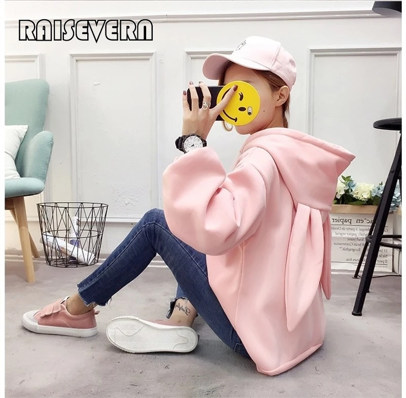 Женская Толстовка Harajuku однотонный пуловер с капюшоном и заячьими ушками модные