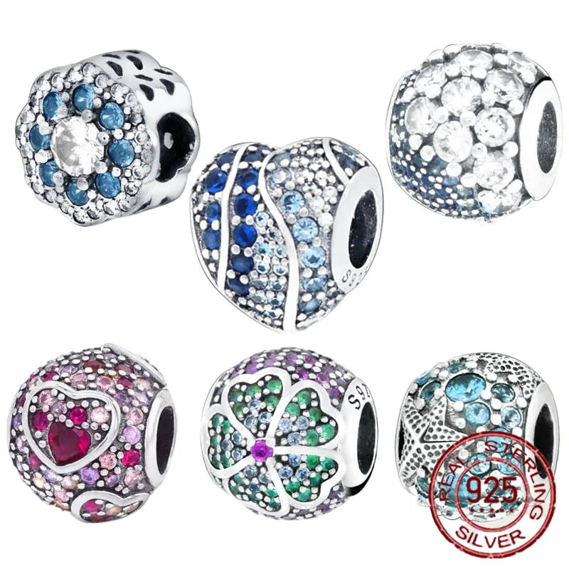 

Hot Winter 925 Sterling Silver Multiple Color CZ Ocean Love Heart Beads charms fit Original Pandora Bracelets Women DIY Jewelry