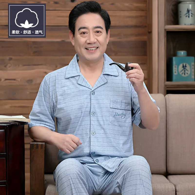 

Middle-aged Men Summer 6535 Cotton Short Sleeve Thin Old Man Dad Home Wear Case Pajamas