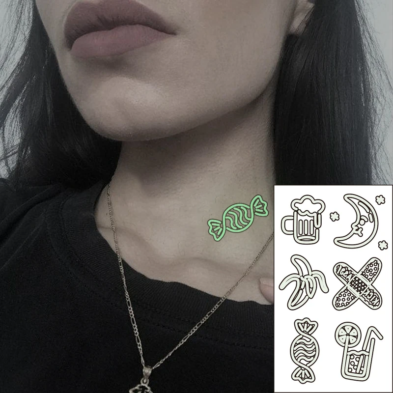 Waterproof Temporary Luminous Tattoo Sticker Moon Banana Cup Candy Cartoon Band Aid Flash Tatoo Fake Tatto for Kids Women Men |