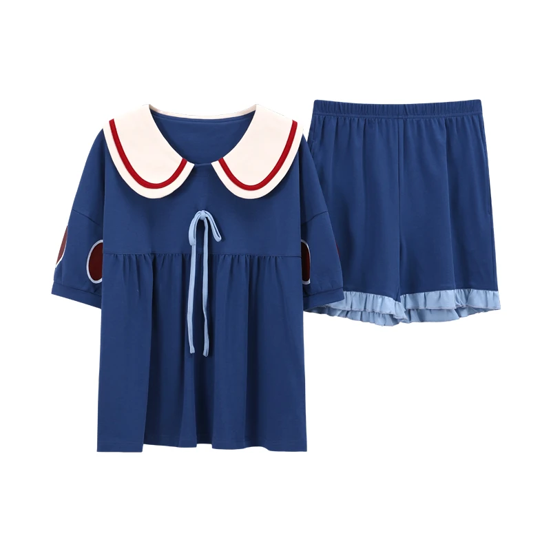 

Sweet Princess Style Ruffle Bow Cotton Pajama Sets For Women Summer Cute Loose Turndown Collar Cartoon Shorts Homewear Sleepwear