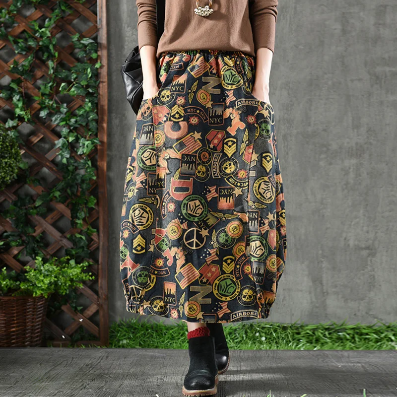 

Thicken Women Denim skirt Floral Skirts Elastic Waist 2019 Autumn Winter Women Clothing Vintage Cotton Bud Skirts