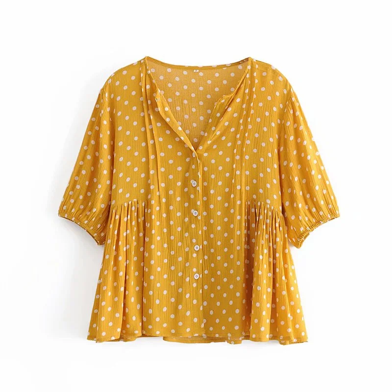 

Female Sweet Half Sleeve Tops Casual Woman Yellow Loose Ruffles Dot Blouse Spring Fashion Ladies Soft Button Shirts