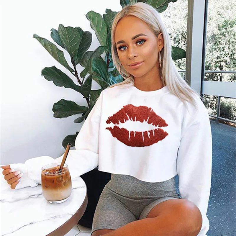 

Женские укороченные толстовки с капюшоном, толстовки с принтом серебристых, красных губ, белые, черные, желтые топы, укороченный пуловер, То...