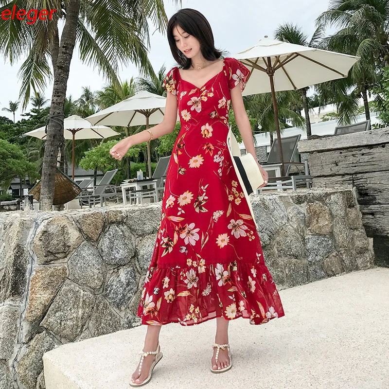 Женское шифоновое платье в стиле бохо длинное красное с цветочным принтом Летние