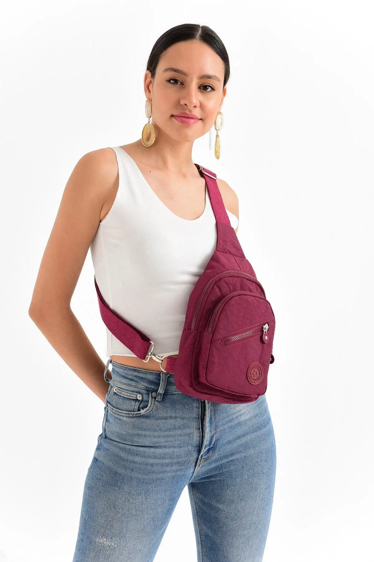 

Unisex Burgundy Three Compartment Kipling Fabric Waist Bag