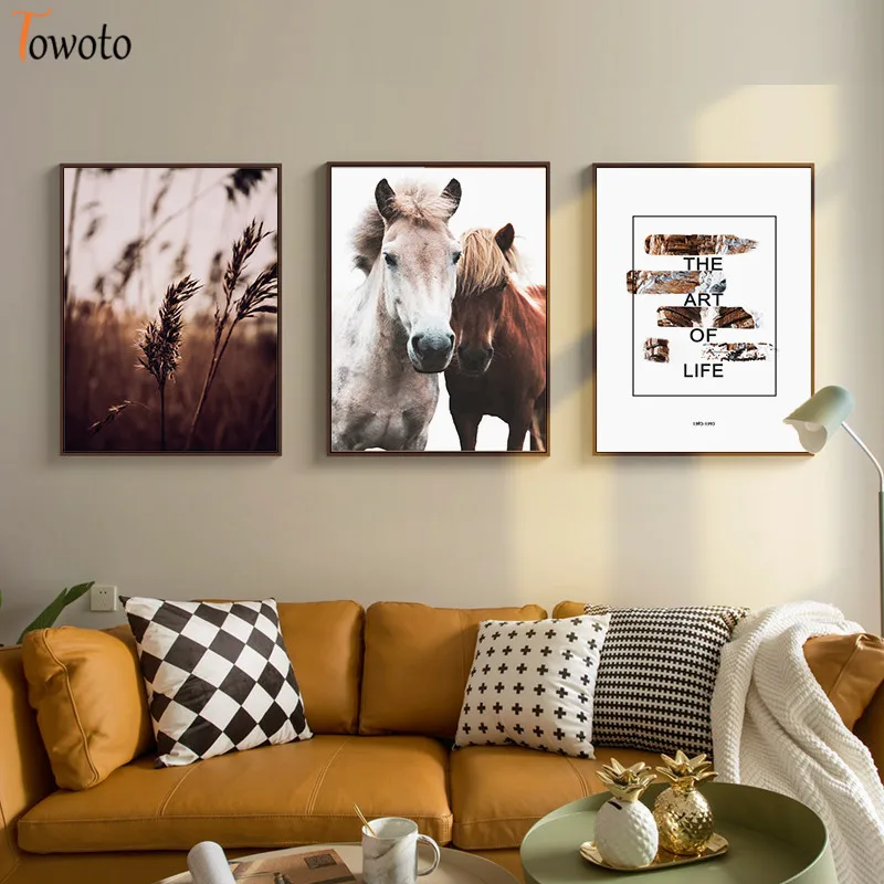 Коричневый Fild живопись на холсте с изображением лошади принт пейзаж
