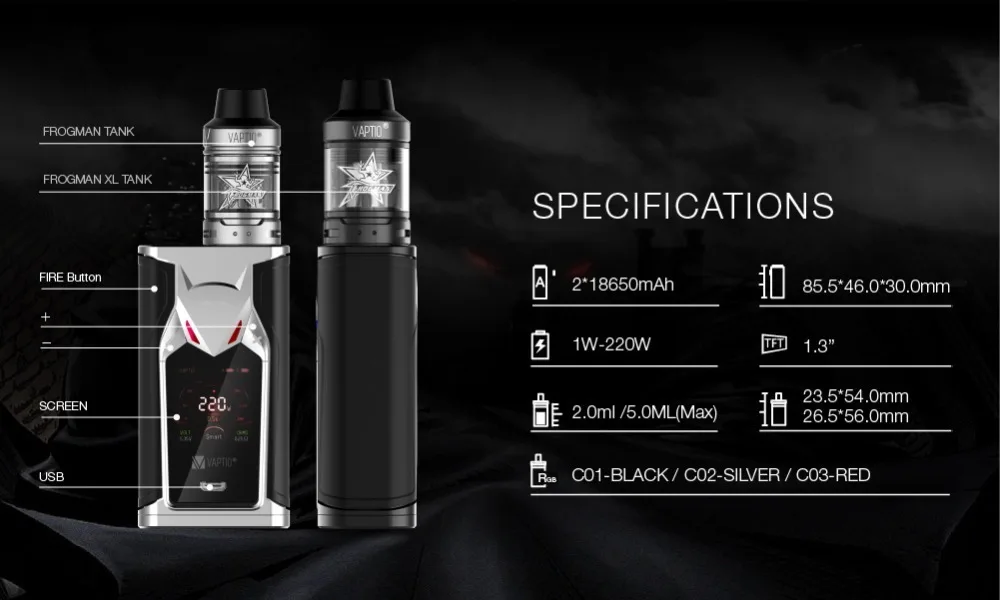 Подарок 5 шт катушек! VAPTIO супер летучая мышь 220 Вт Vape набор электронных сигарет 220 Вт коробка мод 2,0/5,0 мл бак Vape мод без батареи
