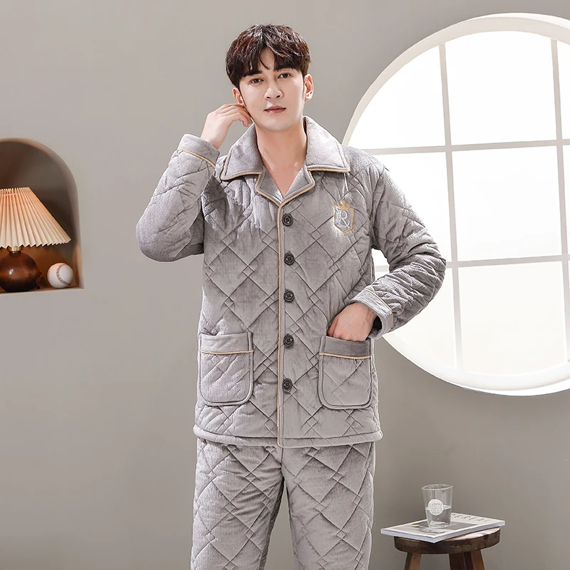 Winter Wadded Jacket Pajamas Men Thick Quilted Pajama Sets Casual Home Clothes Coral Fleece Sleepwear Men Clothing Pijama Hombre