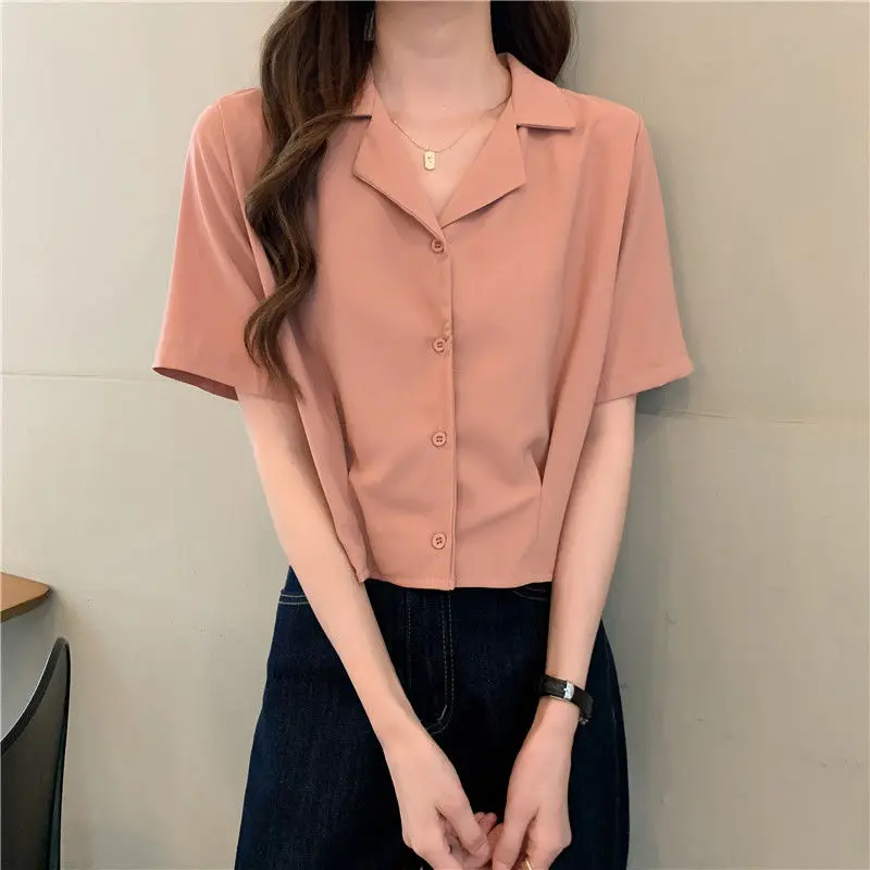

Women Blouses Single Breasted Solid Turn-down Collar Elegant Slim Cropped Short Sleeve Shirts French Style Fashion Tops Female