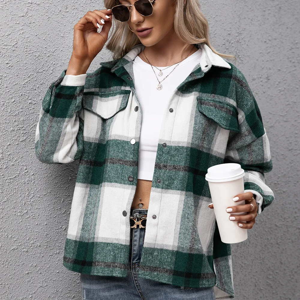 

Winter Thick Coats Women Button Up Jackets Casual Cashmere Long-sleeve Plaid Coat Office Fall Jacket Turn Down Collar Loose Tops