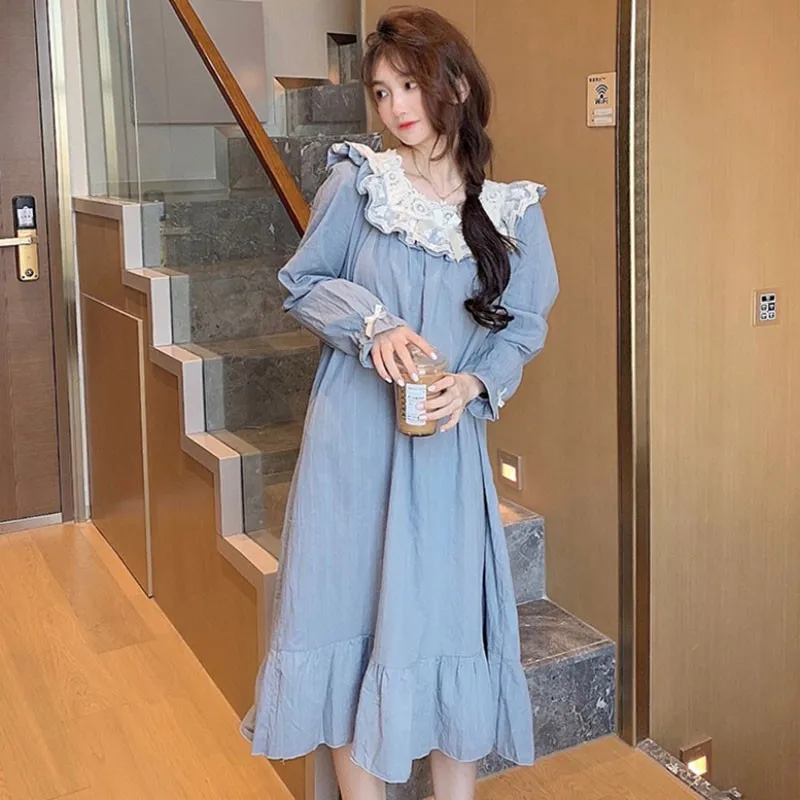 

Кружевная Сексуальная женская ночная рубашка с оборками, ночная рубашка, хлопковая одежда для сна, ночная рубашка с бантом, домашняя одежда,...