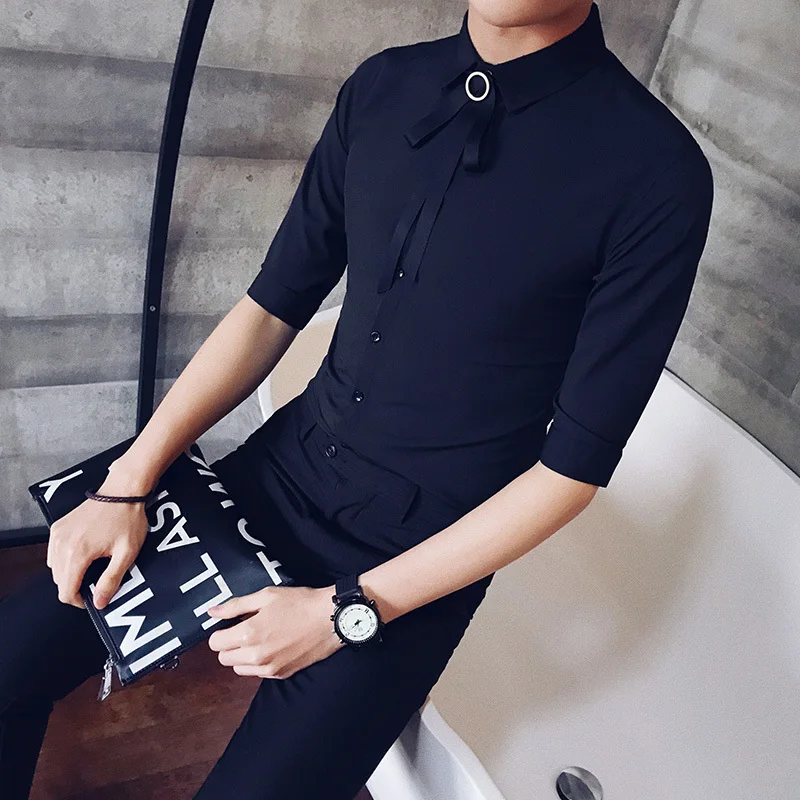 

Bowtie Men Shirt Slim Fit Short Sleeve 2020 Slim Fit Wedding Party Dress Shirt Men Black White Solid Summer Shirt Chemise Homme
