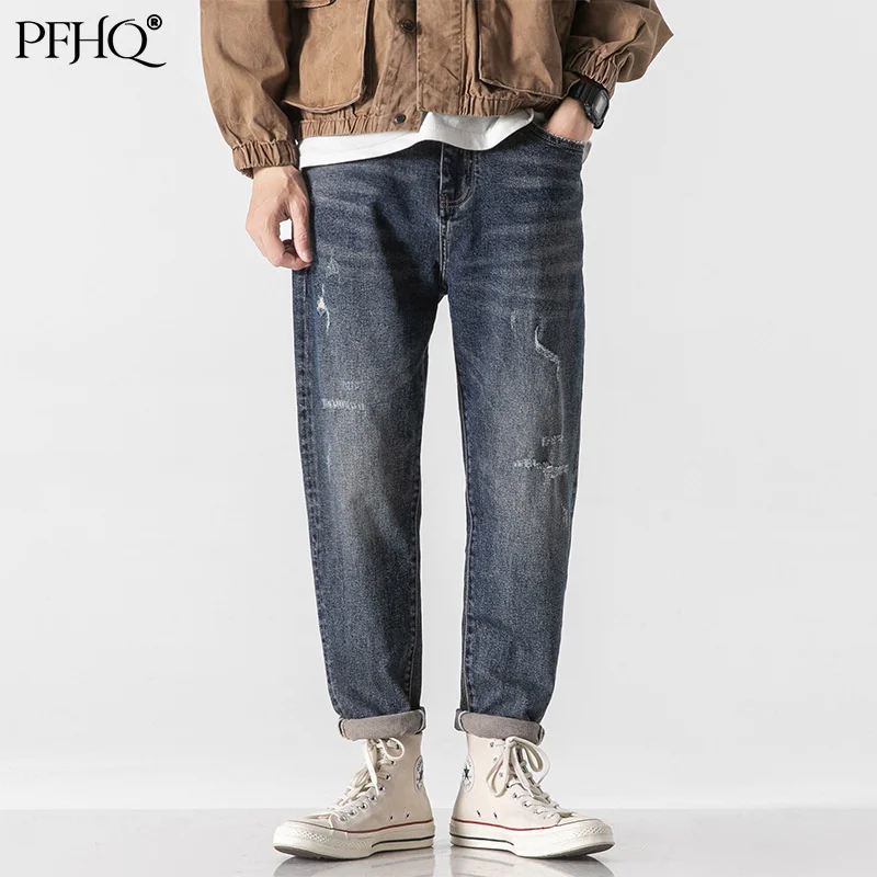 

PFHQ 2021 New Men's Fashion Loose Blue Washed Hole Japanese Style Casual Straight Nine Harem Jeans Autumn And Winter 21E4201