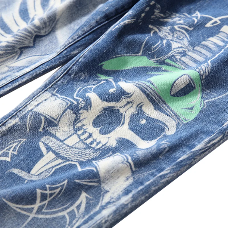 2021 New Arrival 3D Skull Print Vintage Men Slim Pencil Jeans Trousers Hip Hop Punk Gothic Denim Pants For Teens Pantaloni Uomo