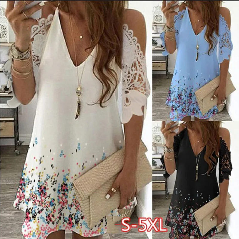 

Summer Lace Stitching Mini Dress New Digital Printing V-neck Ladies Dress Fashion Plus Size Loose Strapless Sexy Dress