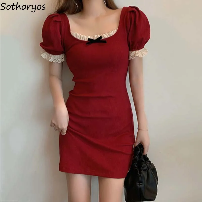 

Vintage Puff Sleeve Dress Women Princess Lace Bow Mini Skinny Dresses Hip Elegant Sexy Ulzzang French Style Outwear Vestido Chic