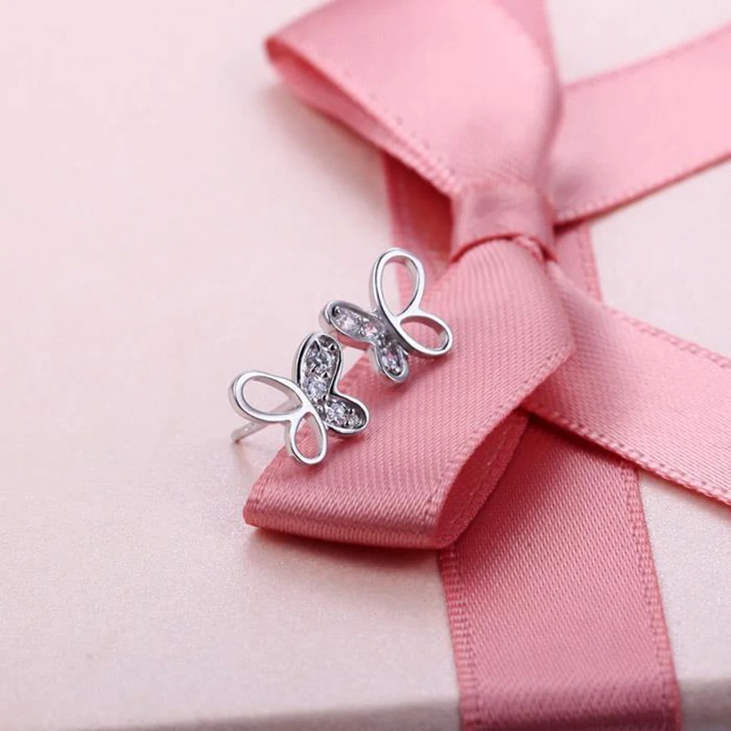 

925 Silver Needle Crystal Butterfly Earrings Simple Cute Korean Small Stud Earrings Cubic Zircon Stone Earrings for Women Girl