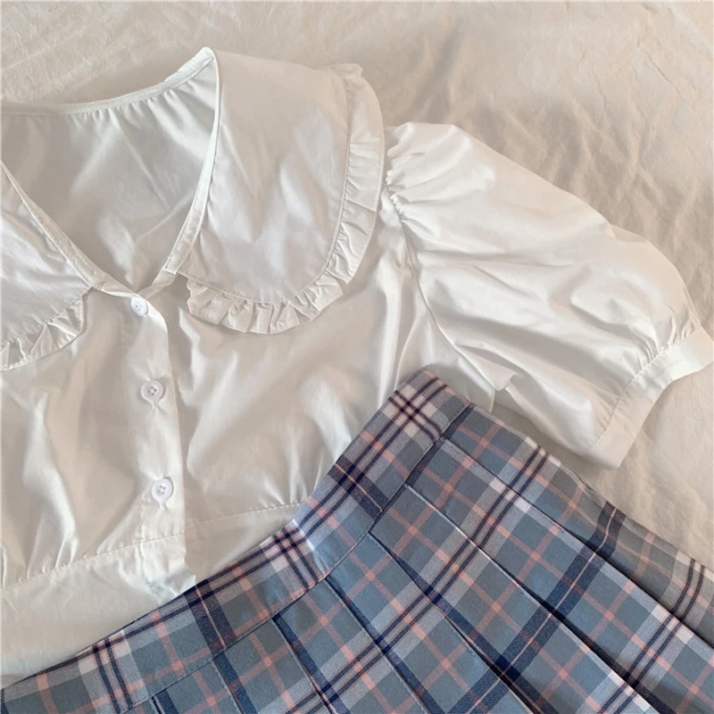 

Peter Pan Collar Summer Blouse Women Single Breasted Cropped Tops Loose Short Sleeve Korean Sweet Cotton Shirts Vintage Z457