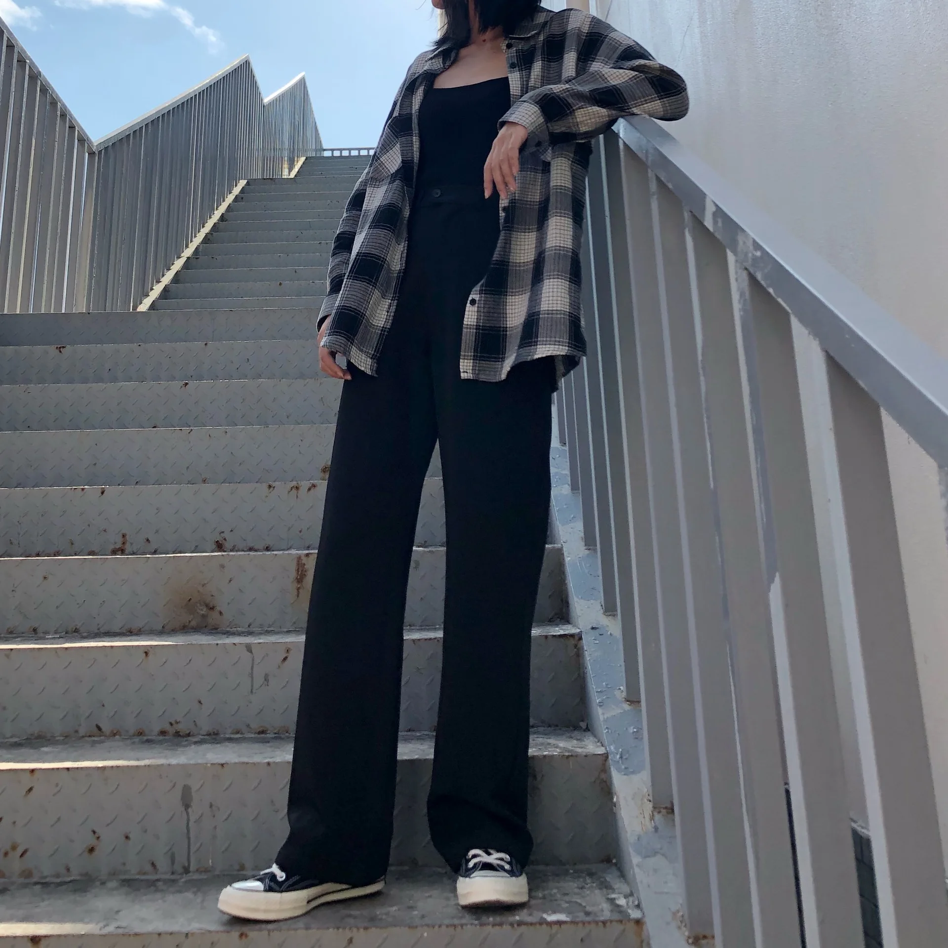 

Women's wide-leg pants with high waist spring and autumn drape thin black suit pants straight loose large size mopping trousers