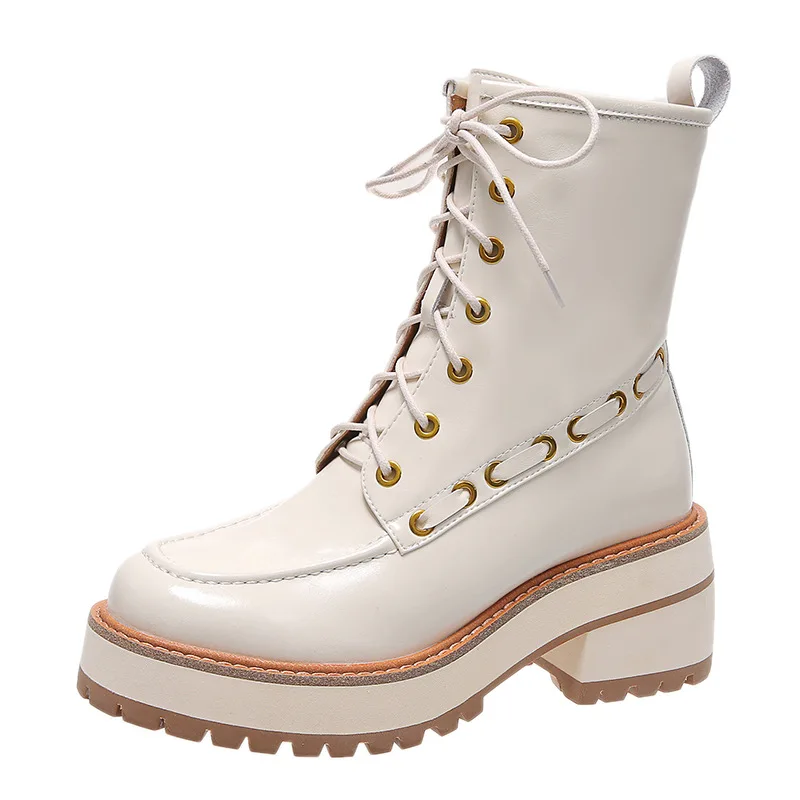 

Женские ботильоны из натуральной кожи Meotina, ботинки на платформе и толстом высоком каблуке, с круглым носком, на шнуровке, Осень-зима