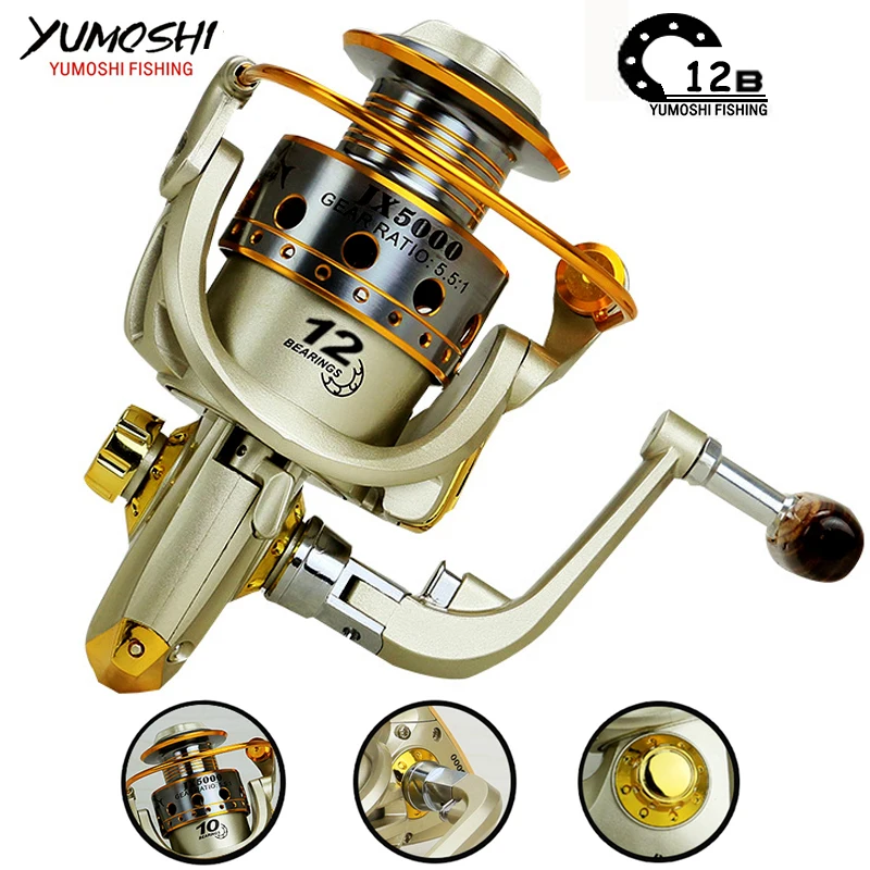 

Spinning fishing reel Metal Spool 12BB 5.5:1 Left/Right Interchangeable Handle Fishing Wheel Coil Tackle