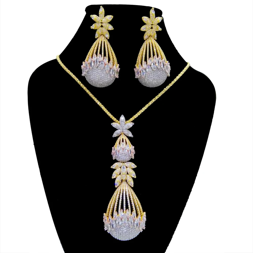 

GODKI Romantic 2PCS Tricolor Necklace Earring Jewelry Set For Women Wedding Party Full Zircon Dubai Bridal jewelry Set 2020