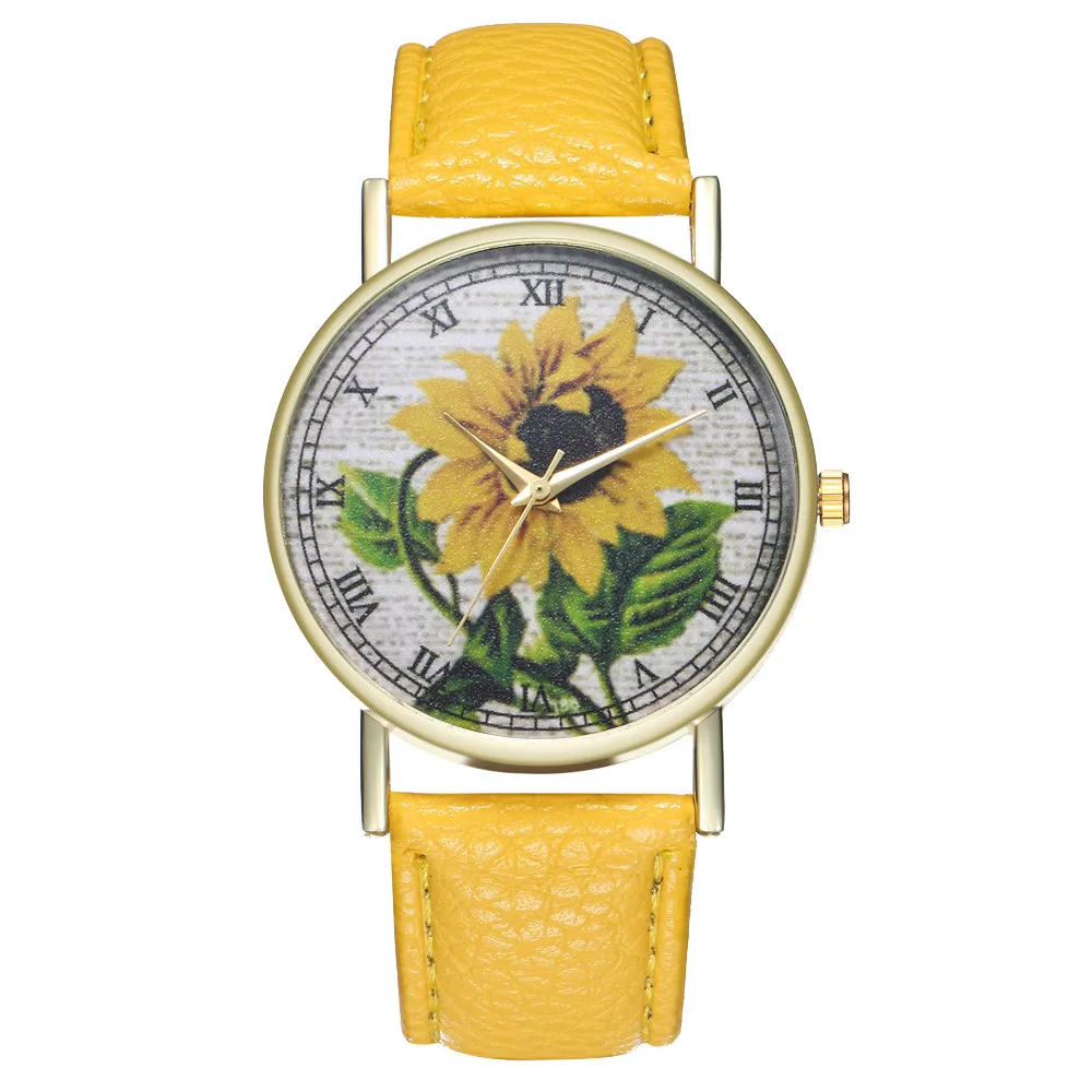 Luxury Leather Watches Quartz Wrist Watches Sunflower Painting Women Ladies Couple Watch Clock Jewelry