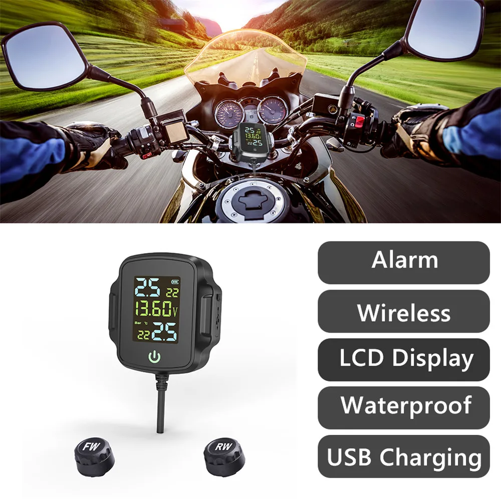 motorcycle tpms motorbike tire pressure monitoring system tyre temperature alarm system with qc 3 0 usb charger for phone tablet free global shipping