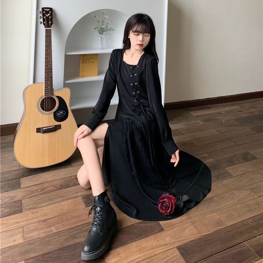 

High Street Fashion Temperament Casual 2021 Spring Summer Ladies Dress Casual Bandage Lace Irregular Square Collar Long Sleeve