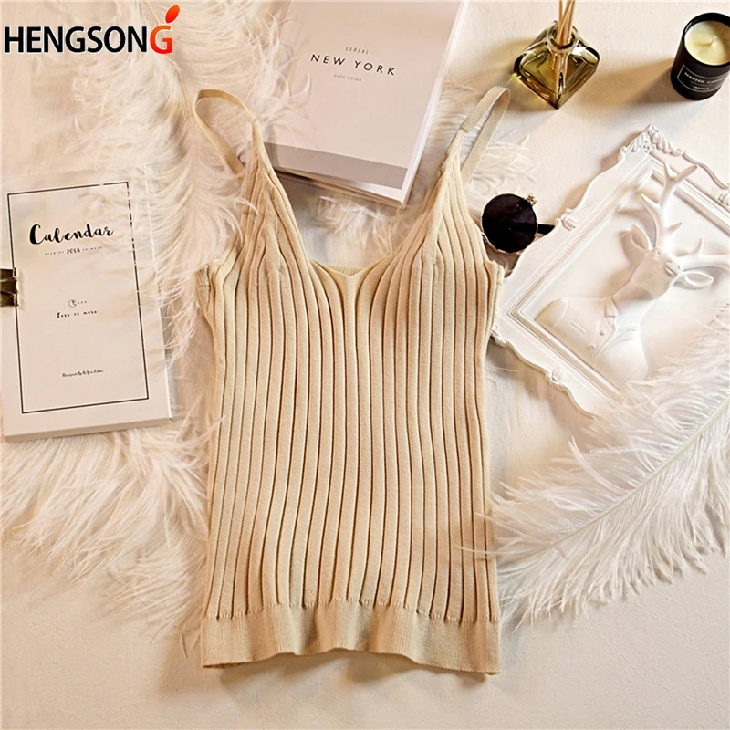 

Hot 2021 New Women Sexy Knitted Crop Top Solid Color Wild Sleeveless Bottoming Vest Top Camisole 5 Color