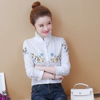 new women pure cotton long sleeved shirt embroidered professional single breasted shirt flora stand collar shirt