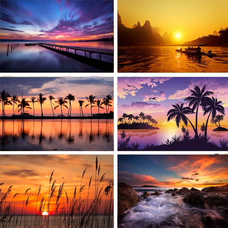 Фотостудия фотография Фон природный пейзаж закат Лодка облака HD узор Виниловый