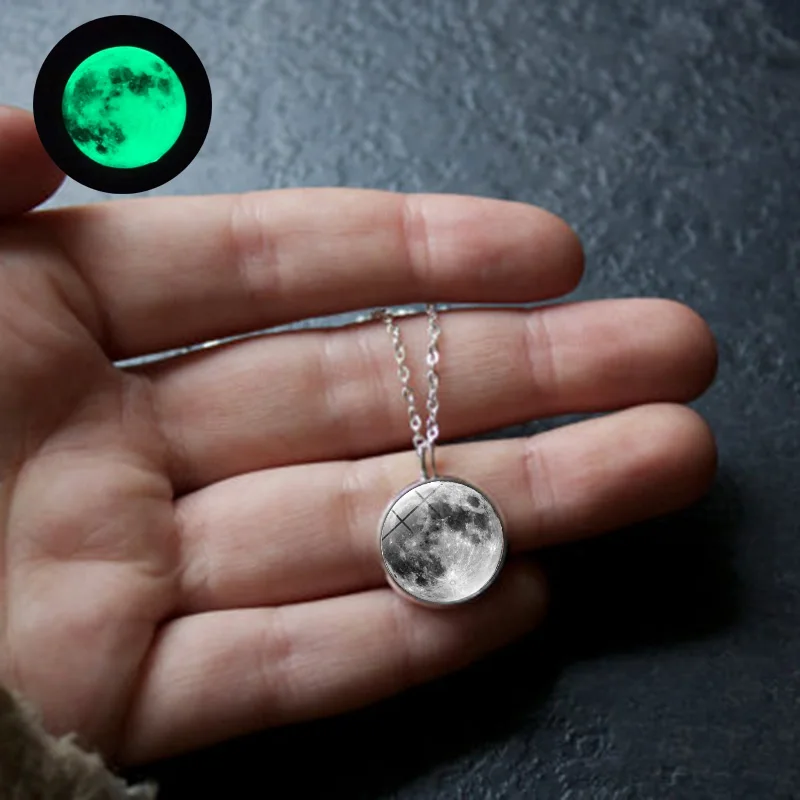 

Glow In The Dark Moon Necklace Universe Galaxy Planet Glass Cabochon Pendant luminous Jewelry choker necklace for men women gift