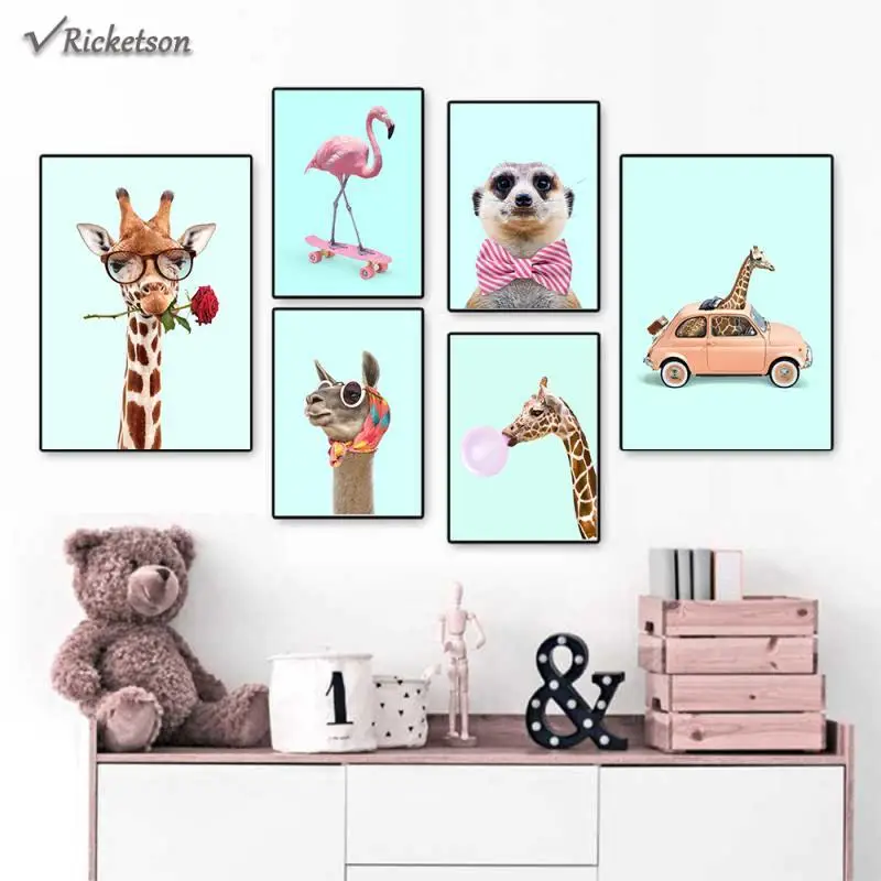 

Funny Flamingo Canvas Painting Blowing Bubbles Alpaca Llama Animals Prints Ans Posters Wall Art Pictures for Kid Bedroom Decor