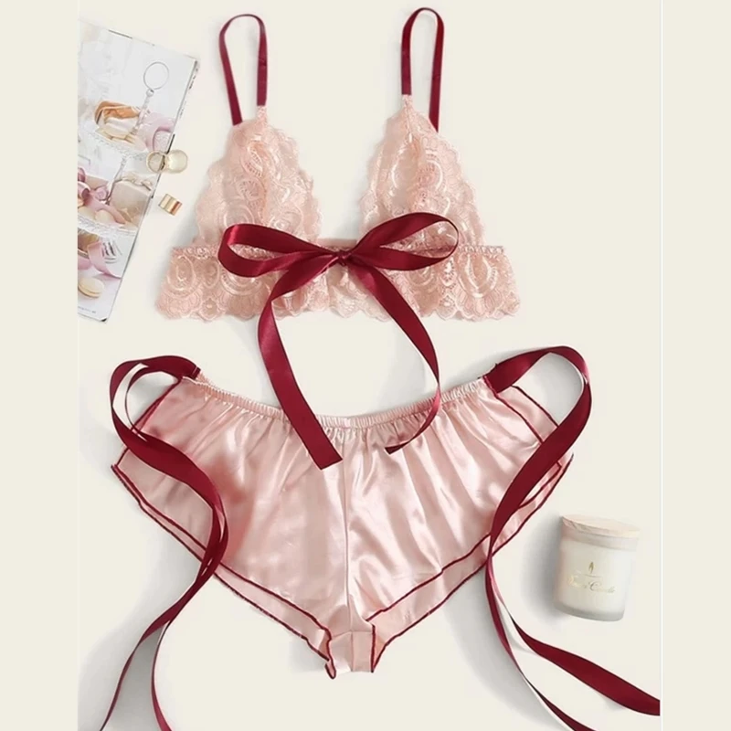 

Sexy Two Piece Lingerie Set Babydoll Pajamas Women Lace Triangle Bralette Bra+Lace Up Bowknot Shorts Satin Sleepwear Underwear