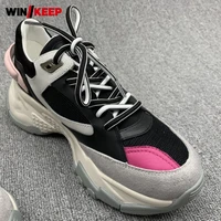 lace up mixed color platform sneakers female outdoor running sport shoes spring cow suede patchwork athletics shoes trainers